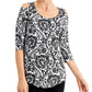 JM Collection Women's Printed Sleeves Cold Shoulder Top Black Size XX-Large