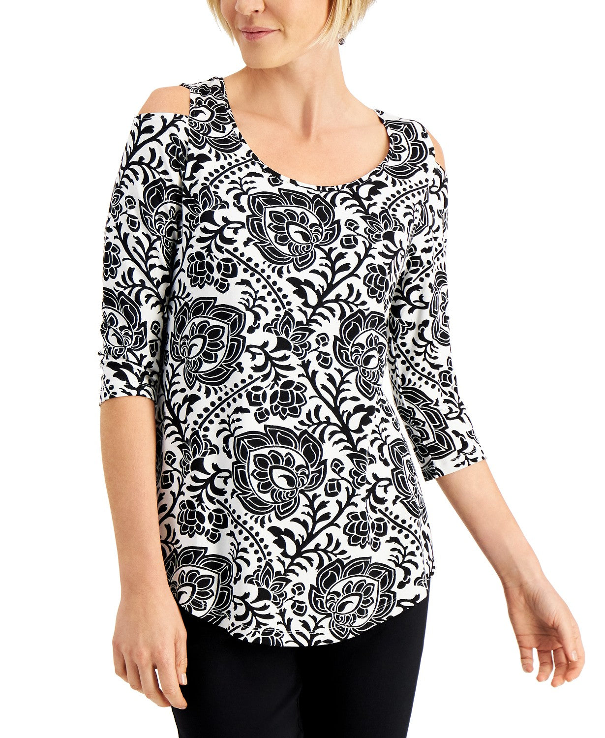 JM Collection Women's Printed Sleeves Cold Shoulder Top Black Size XX-Large