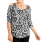 JM Collection Women's Printed Sleeves Cold Shoulder Top Black Size XX-Large