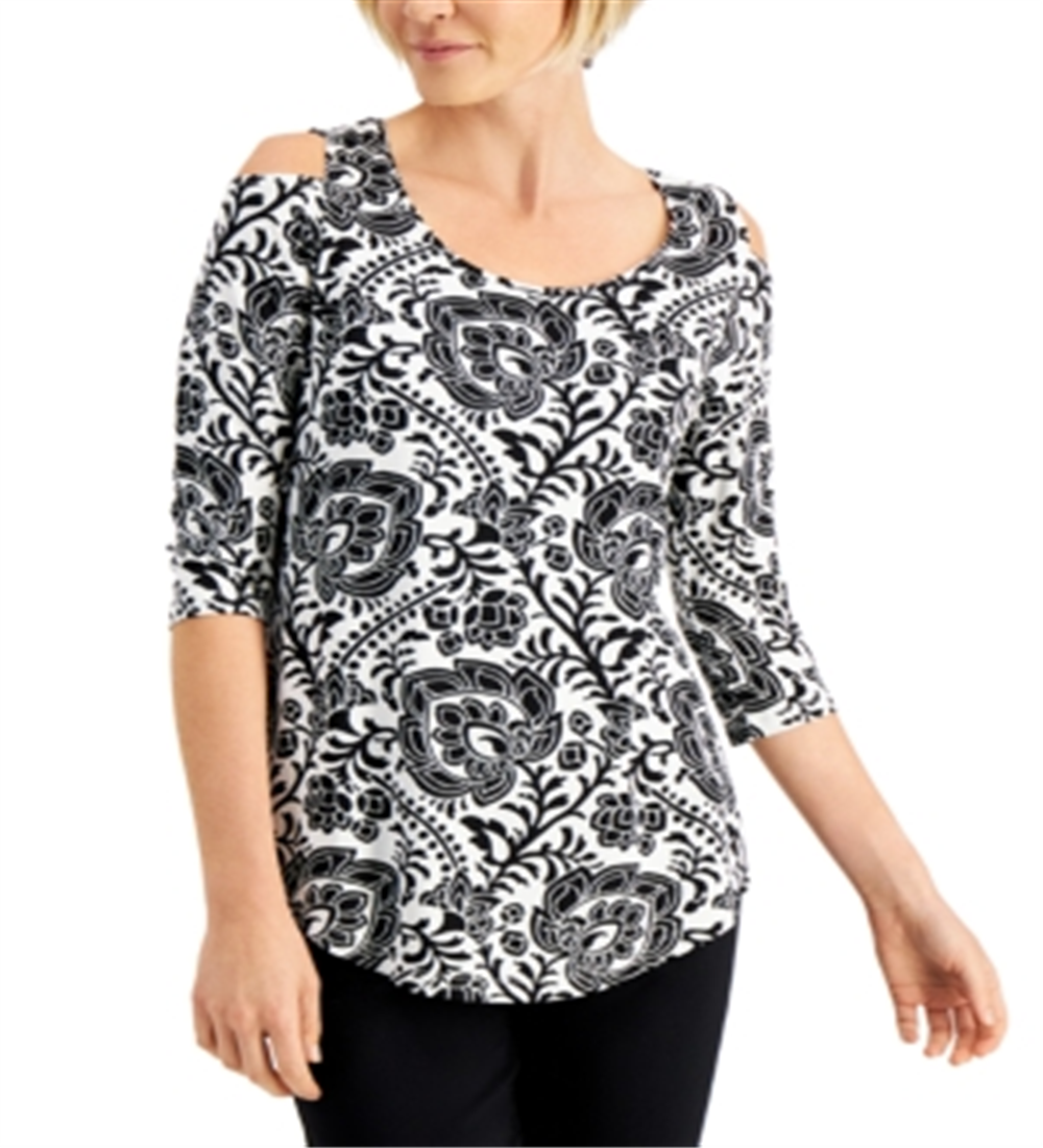 JM Collection Women's Printed Sleeves Cold Shoulder Top Black Size XX-Large