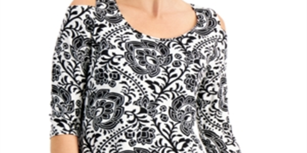 JM Collection Women's Printed Sleeves Cold Shoulder Top Black Size XX-Large