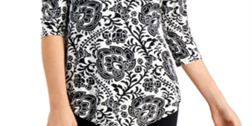 JM Collection Women's Printed Sleeves Cold Shoulder Top Black Size XX-Large