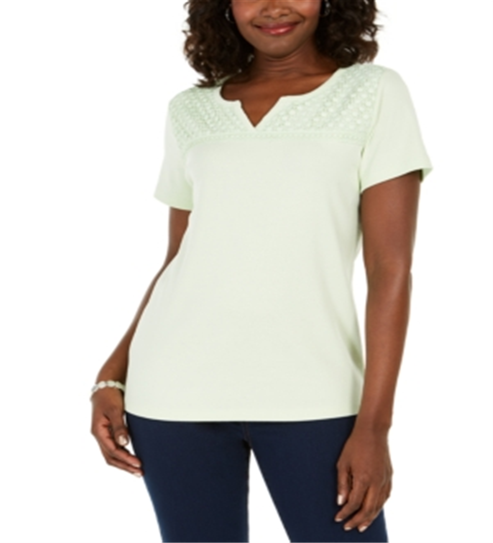 Karen Scott Women's Crochet-Trim Split-Neck Top Calm Aloe Size XS