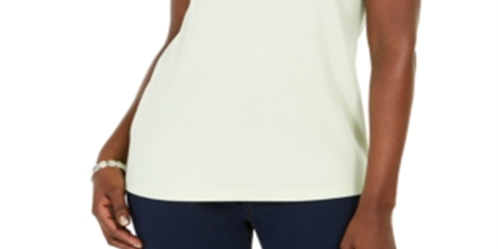 Karen Scott Women's Crochet-Trim Split-Neck Top Calm Aloe Size XS