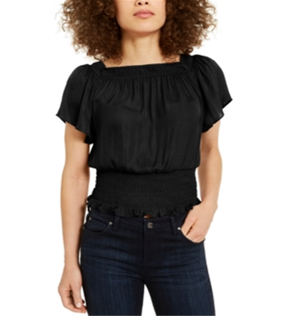 INC International Concepts Women's Petite Smocked Top Deep Black SIze PXS