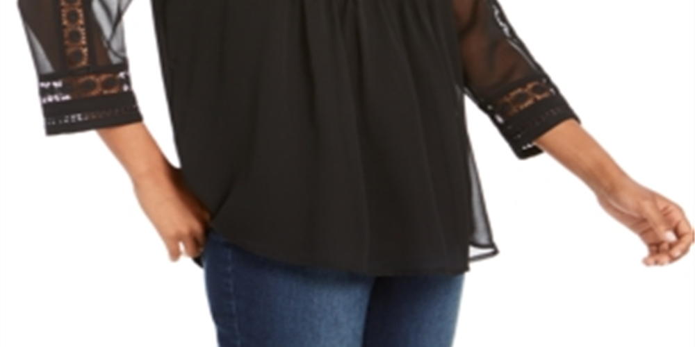 Charter Club Women's  Petite Sheer-Sleeve Pintuck To Deep Black Size PL
