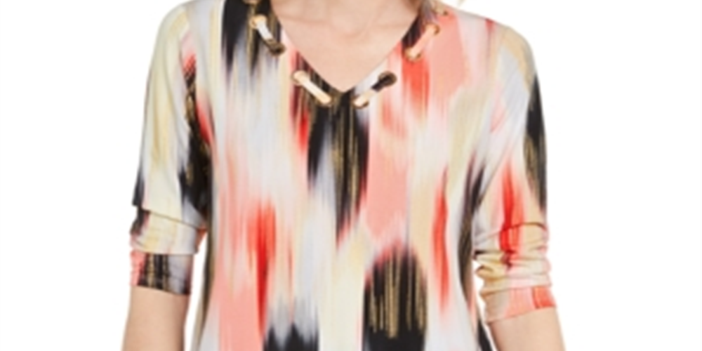 JM Collection Women's Printed Grommet-Neck Top  Red Size Large