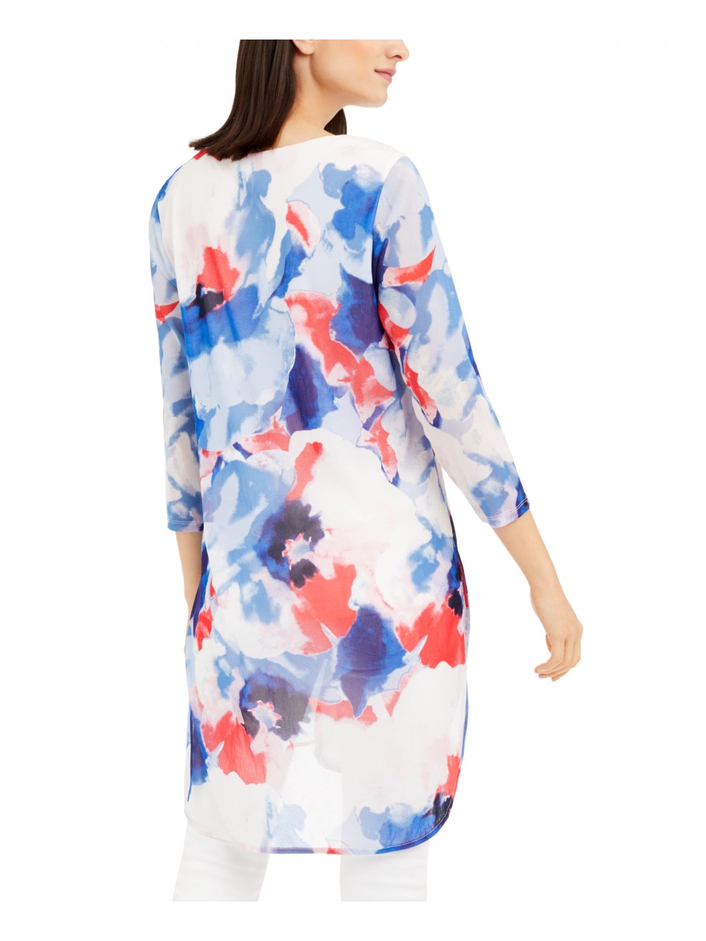 ALFANI Women's  Sheer Lined Pull on Styling Printed 3/4 Sleeve Evening Tunic Top Blue Size Petite S