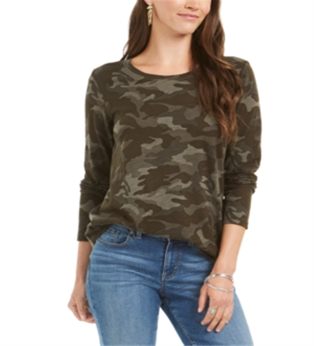 Style & Co Women's Camo-Print Top  Green Size XS