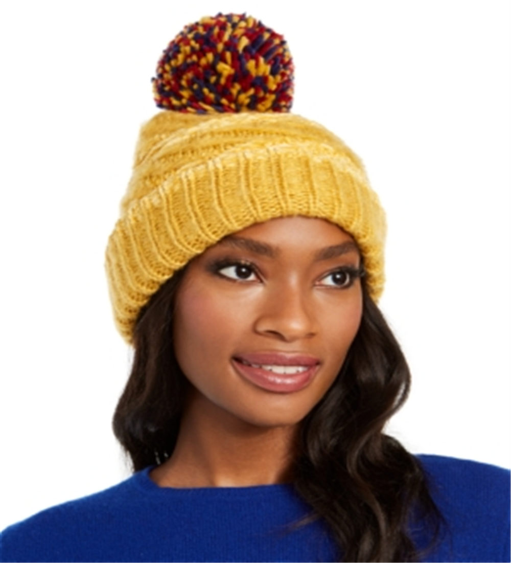 INC Women's  Chenille Striped Multi-Pom Beanie Yellow Size Large