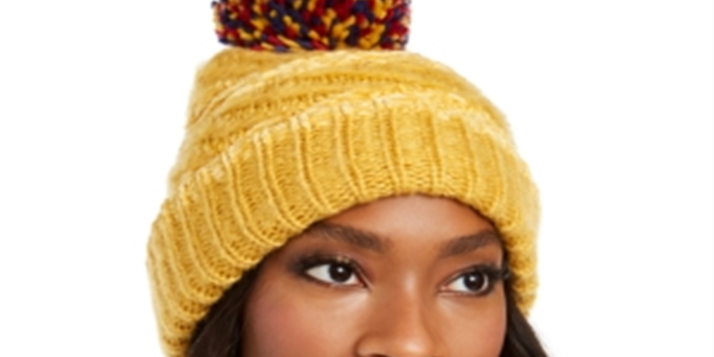 INC Women's  Chenille Striped Multi-Pom Beanie Yellow Size Large