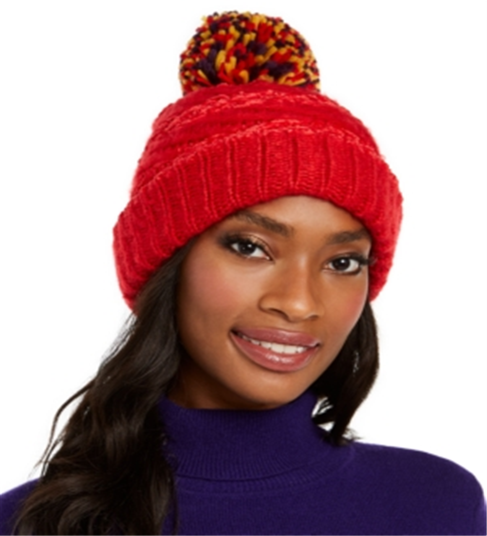 INC International Concepts Women's Chenille Striped Multi Pom Beanie Hat Red Size Regular