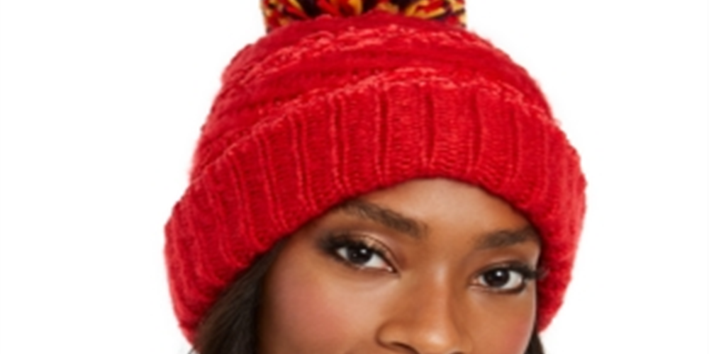 INC International Concepts Women's Chenille Striped Multi Pom Beanie Hat Red Size Regular
