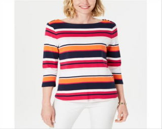 Charter Club Petite Cotton Striped Boat-Neck Top Pink Size Petite L