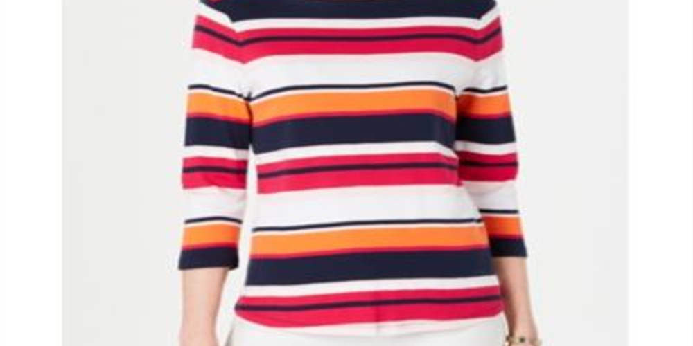 Charter Club Petite Cotton Striped Boat-Neck Top Pink Size Petite L