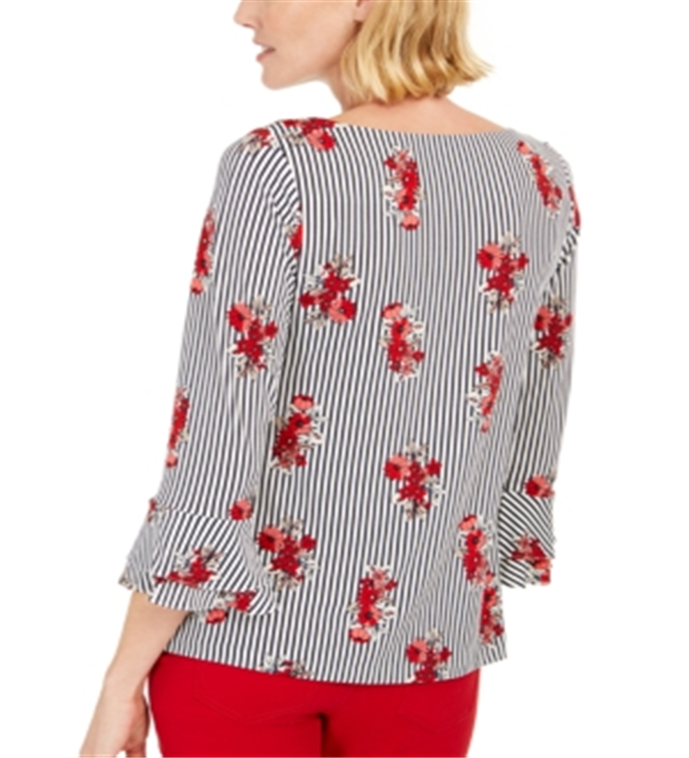 Charter Club Women's Petite Floral-Striped Ruffled-Sleeve Top  White Size Petite XL