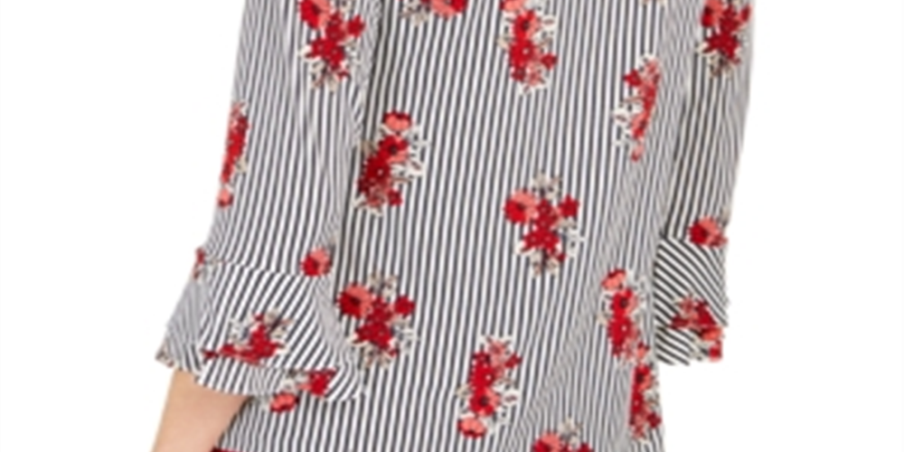 Charter Club Women's Petite Floral-Striped Ruffled-Sleeve Top  White Size Petite XL