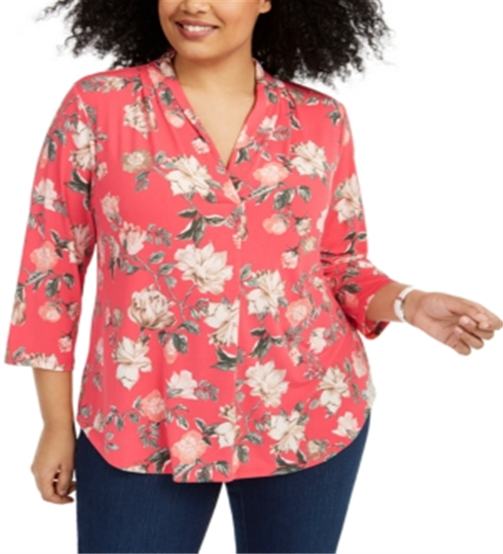 Charter Club Women's loral Print Pleated Neck Top Pink Size 3X