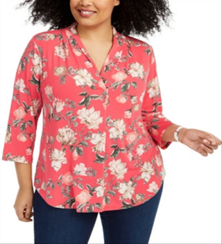 Charter Club Women's loral Print Pleated Neck Top Pink Size 3X