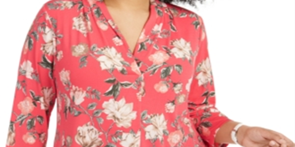 Charter Club Women's loral Print Pleated Neck Top Pink Size 3X