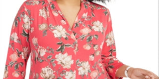 Charter Club Women's loral Print Pleated Neck Top Pink Size 3X