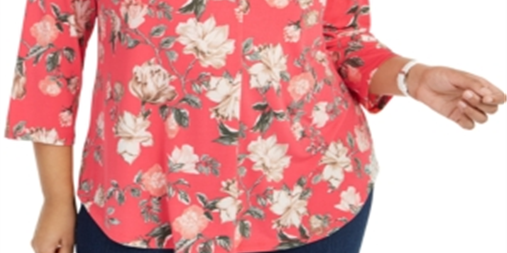 Charter Club Women's loral Print Pleated Neck Top Pink Size 3X