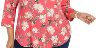 Charter Club Women's loral Print Pleated Neck Top Pink Size 3X