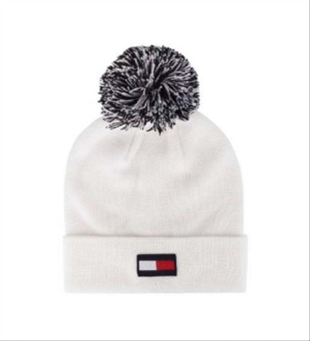 Tommy Hilfige Women's Flag with Two Tone Pom Patch Beanie White One Size