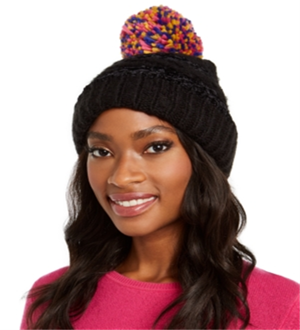 INC International Concepts Women's Chenille Striped Multi-Pom Beanie Hat Black One Size