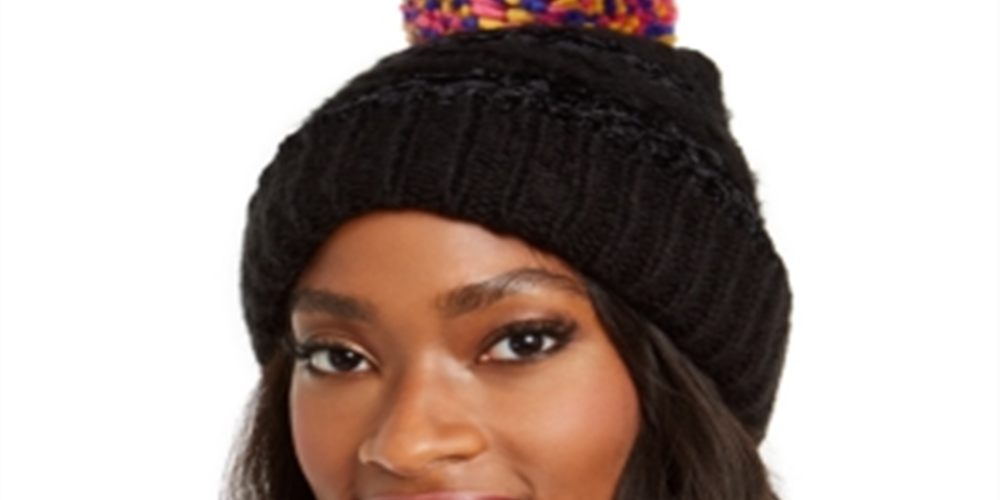 INC International Concepts Women's Chenille Striped Multi-Pom Beanie Hat Black One Size