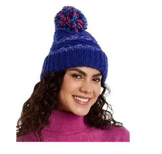 INC International Concepts Women's Chenille Striped Multi-Pom Beanie Hat Blue One Size