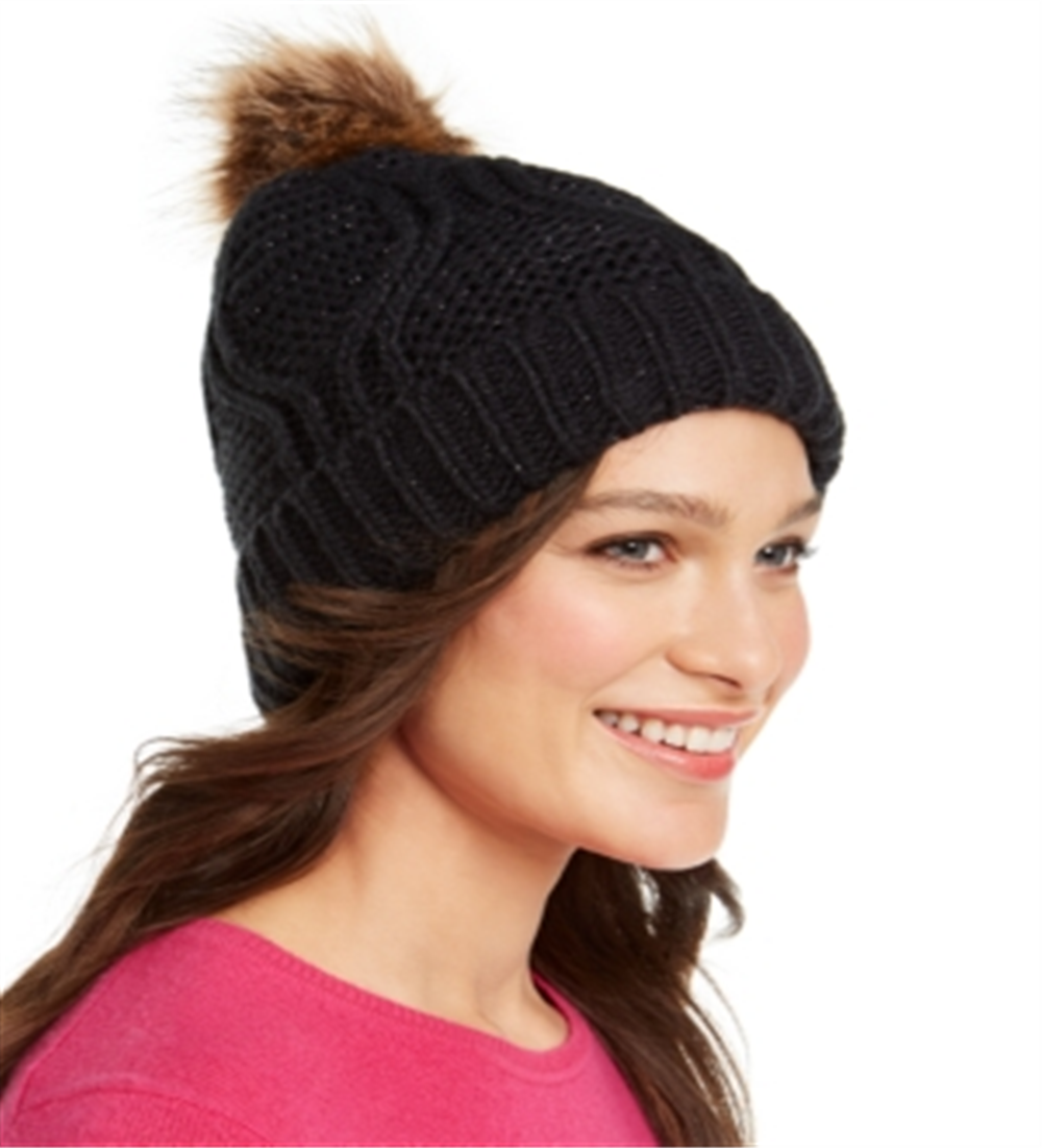 INC International Concepts Women's Cable Shine Beanie with Faux Fur Pom Black Regular