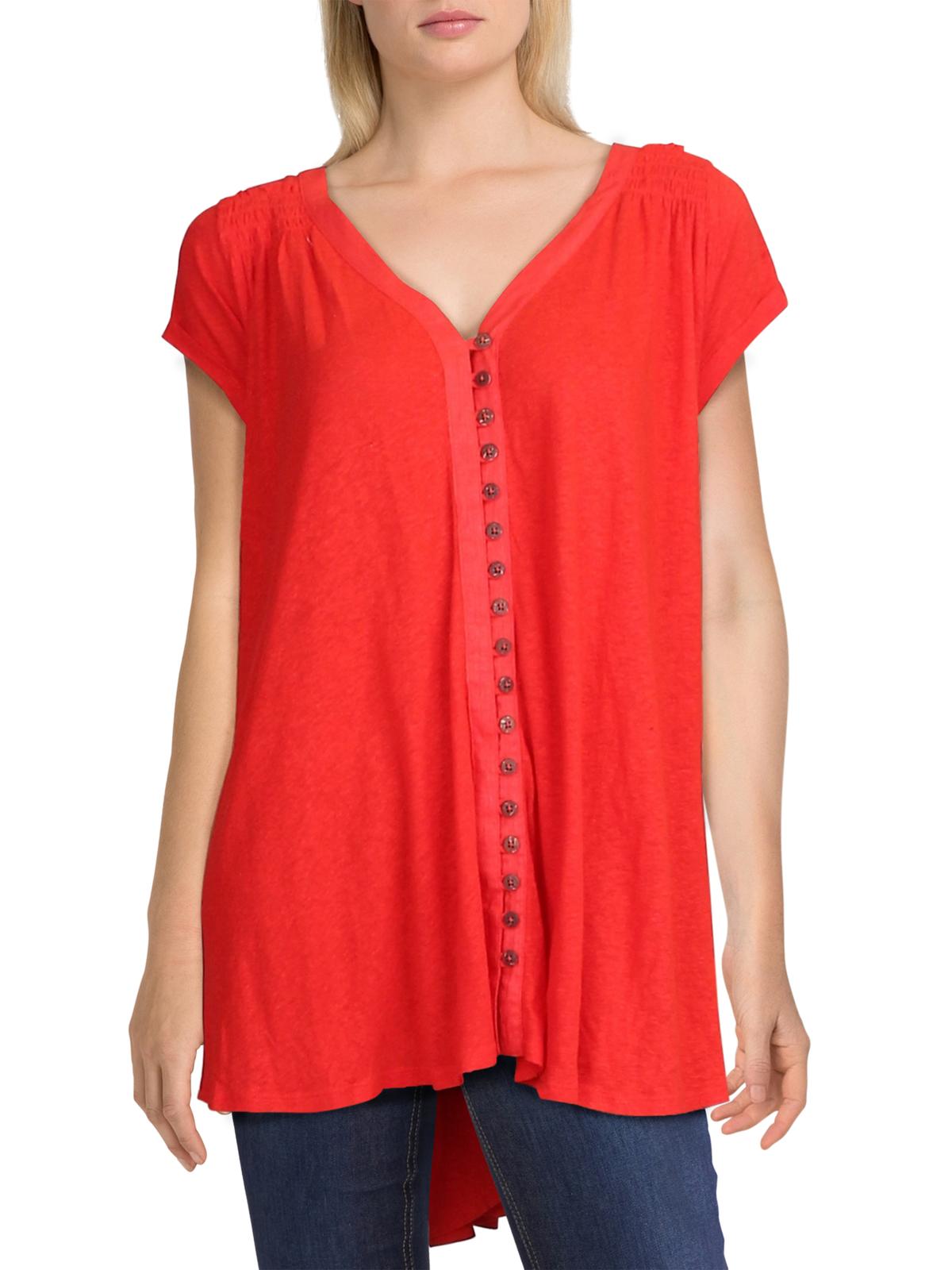 Free People Women's  Short Sleeve with Buttons Peplum Top Red Size Small