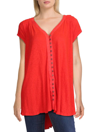 Free People Women's  Short Sleeve with Buttons Peplum Top Red Size Small
