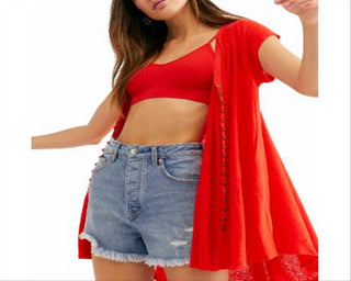 Free People Women's  Short Sleeve with Buttons Peplum Top Red Size Small