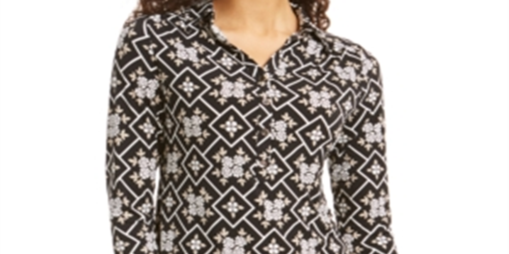 Charter Club Women's 3/4 Sleeve Printed Polo Top  Black Size Large