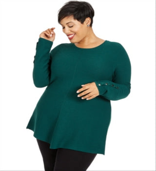 Alfani Plus Size Ribbed Snap-Detail Sweater True Emerald, Size 2X