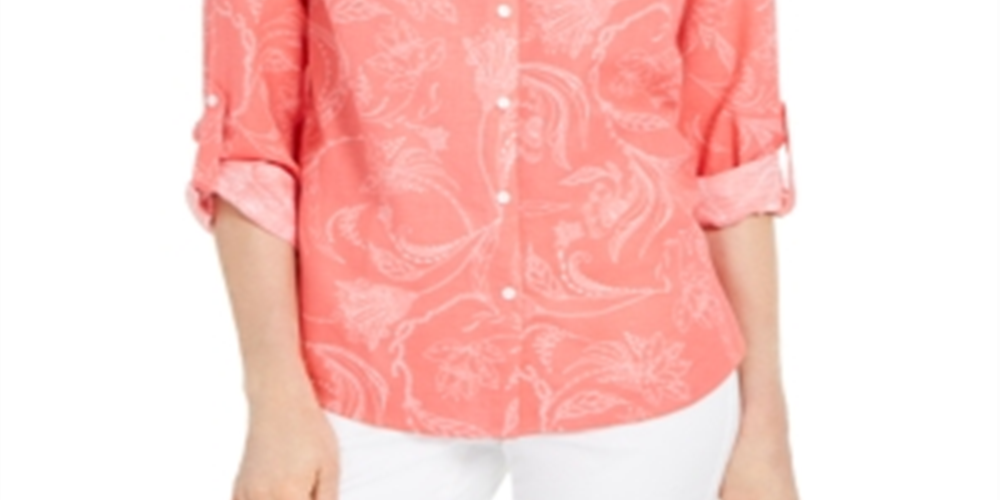 Charter Club Women's Artful Paisleys Printed Linen-Blend Shirt  Red Size Small
