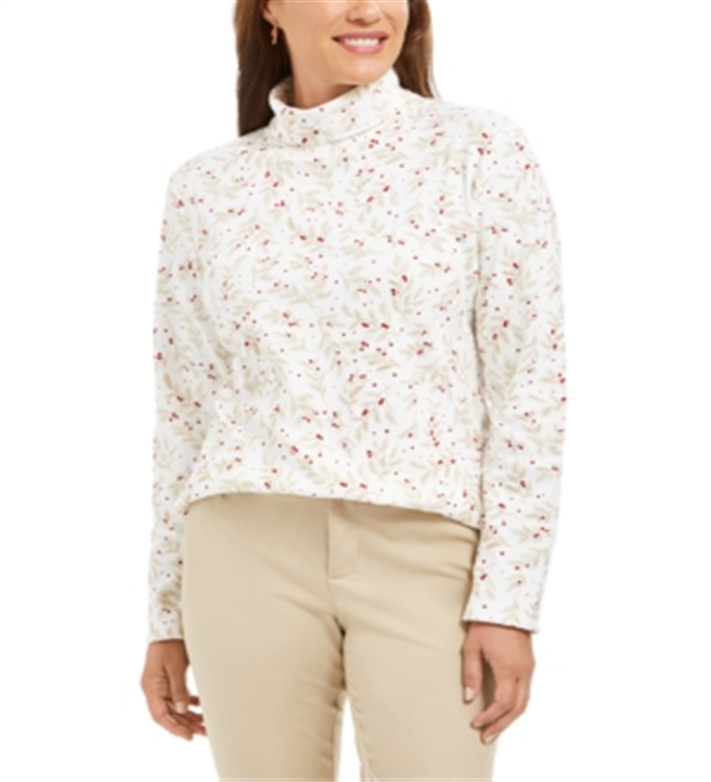 Karen Scott Women's Printed Turtleneck Top White Size Small