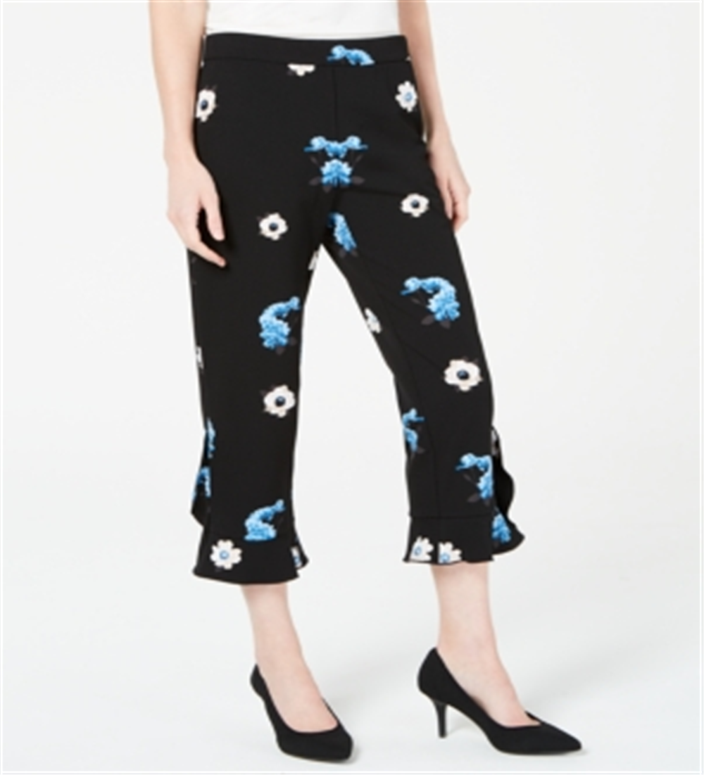 Alfani Women's Floral-Print Ruffle-Hem Ankle Pants  - Clear Sky Blooms Black Size 10