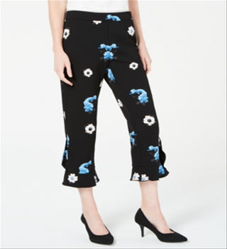 Alfani Women's Floral-Print Ruffle-Hem Ankle Pants  - Clear Sky Blooms Black Size 10