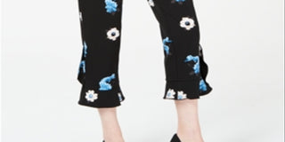 Alfani Women's Floral-Print Ruffle-Hem Ankle Pants  - Clear Sky Blooms Black Size 10