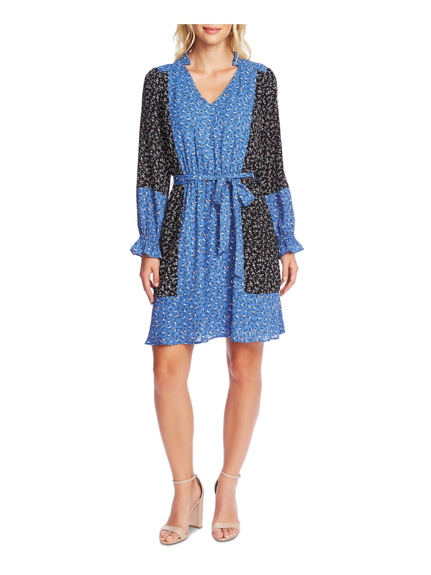 Cece Women's  Belted Floral Long Sleeve V Neck Above the Knee Trapeze Dress Blue Size XL