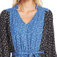 Cece Women's  Belted Floral Long Sleeve V Neck Above the Knee Trapeze Dress Blue Size XL