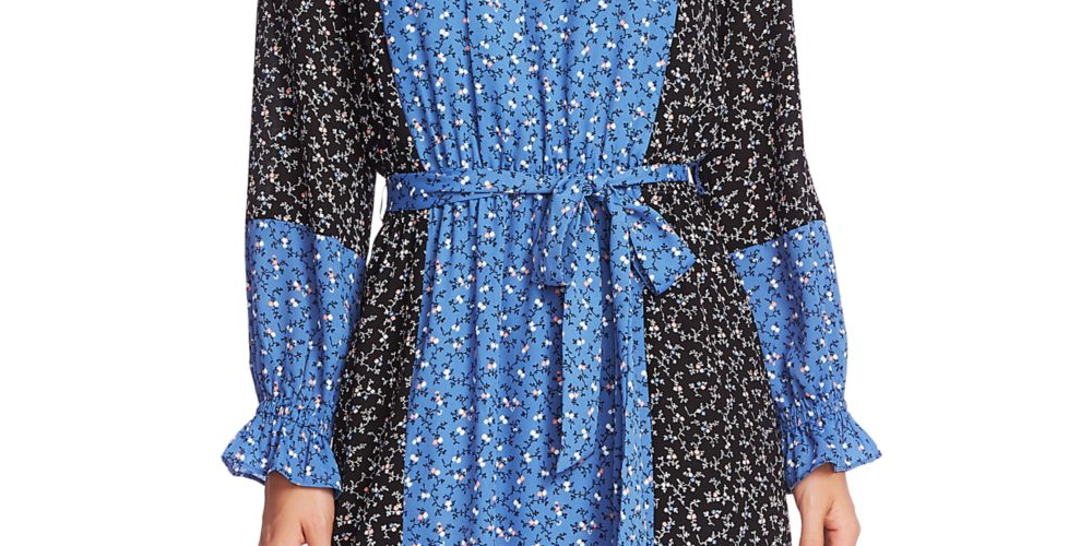 Cece Women's  Belted Floral Long Sleeve V Neck Above the Knee Trapeze Dress Blue Size XL