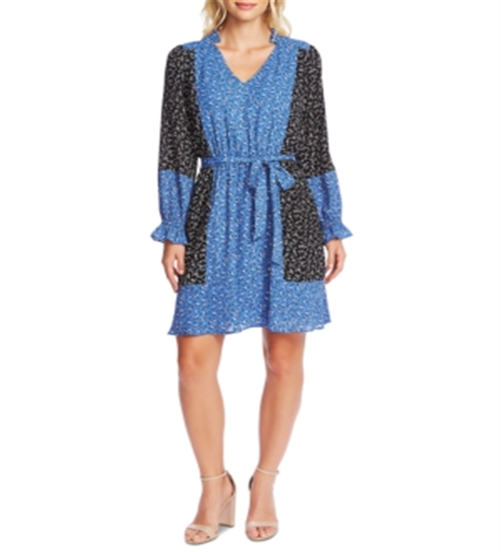 Cece Women's  Belted Floral Long Sleeve V Neck Above the Knee Trapeze Dress Blue Size XL