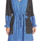 Cece Women's  Belted Floral Long Sleeve V Neck Above the Knee Trapeze Dress Blue Size XL