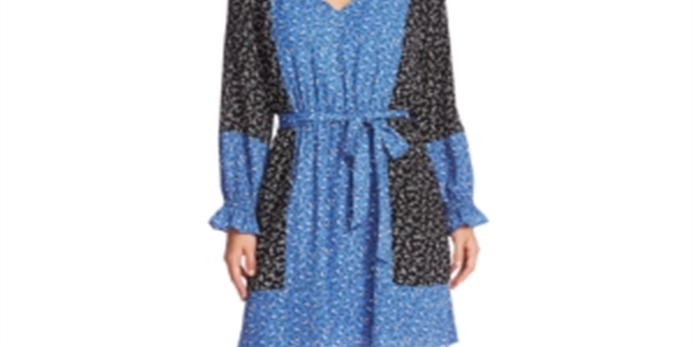 Cece Women's  Belted Floral Long Sleeve V Neck Above the Knee Trapeze Dress Blue Size XL