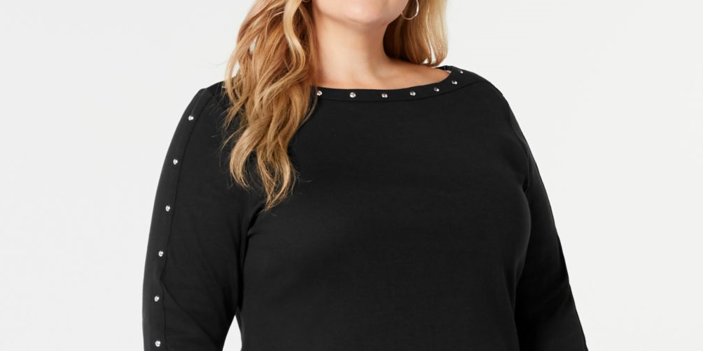 Karen Scott Women's Cotton Boat Neck Studded Dress Black Size 0X