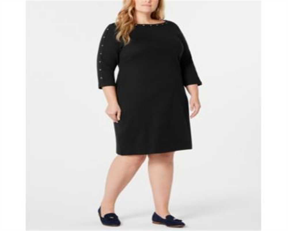 Karen Scott Women's Cotton Boat Neck Studded Dress Black Size 0X